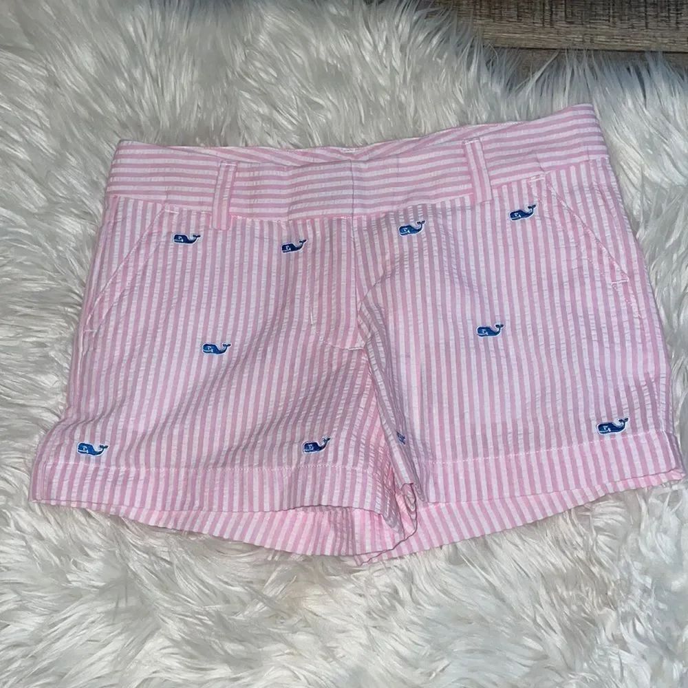 Vineyard Vines Girls Pink & White Seersucker Blue Whale Embroidered Shorts
